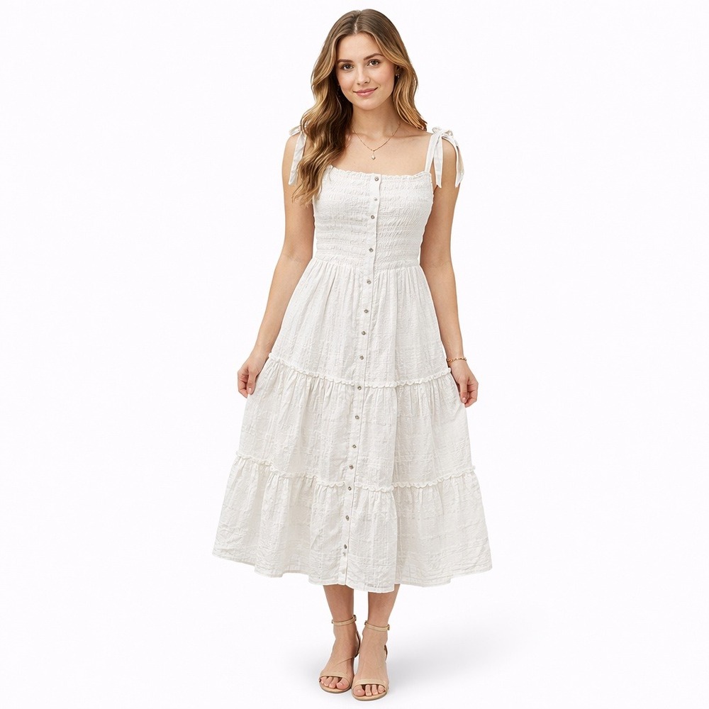 ASTR The Label White Smocked Tiered Midi Dress Tie Strap Size XS